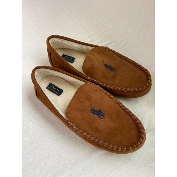 EUC Polo Ralph Lauren Men's 12 Suede Moccasin Slippers Chestnut Brown Cozy Warm - Picture 1 of 8